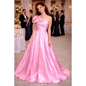 Mac Duggal One Shoulder Large Bow Pleated Gown Ice Pink 2